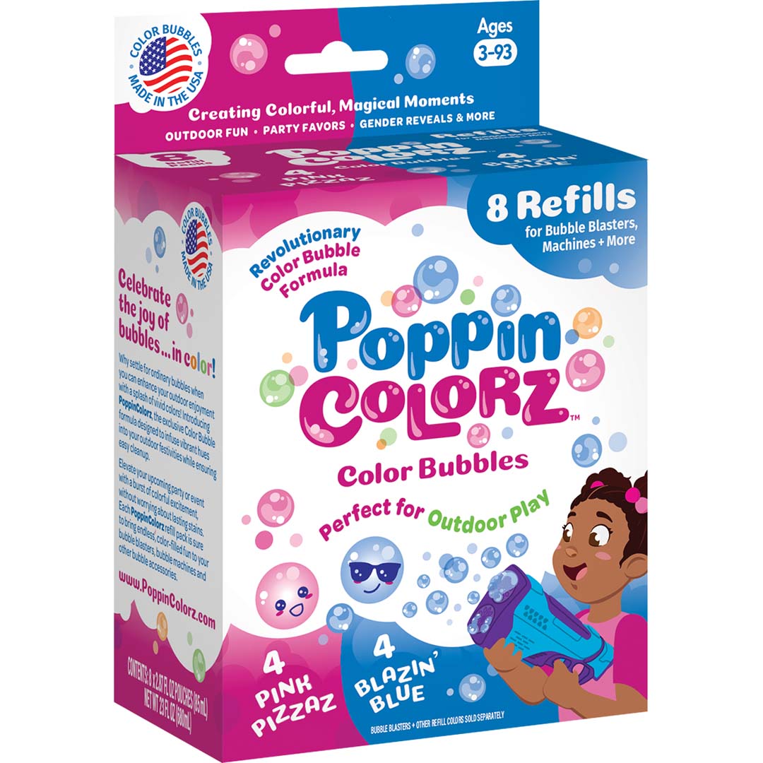 South Beach Bubbles: PoppinColorz 8-Pack-Nachfüllpackungen für Seifenblasenpistolen (Pink + Blau)
